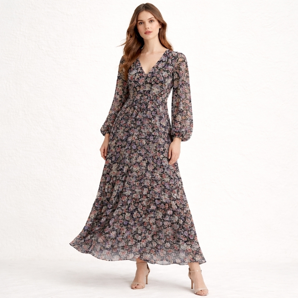 NWT ASTR The Label Black Floral Maxi Dress Tie Neck Long Sleeve Romantic Boho M